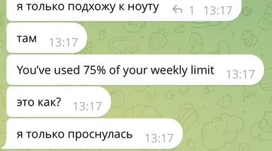 Chat screenshot meme about hitting a 75% weekly AI usage limit immediately upon waking up