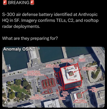 Satirical satellite image with red outlines labeling S-300 air defense equipment at Anthropic HQ