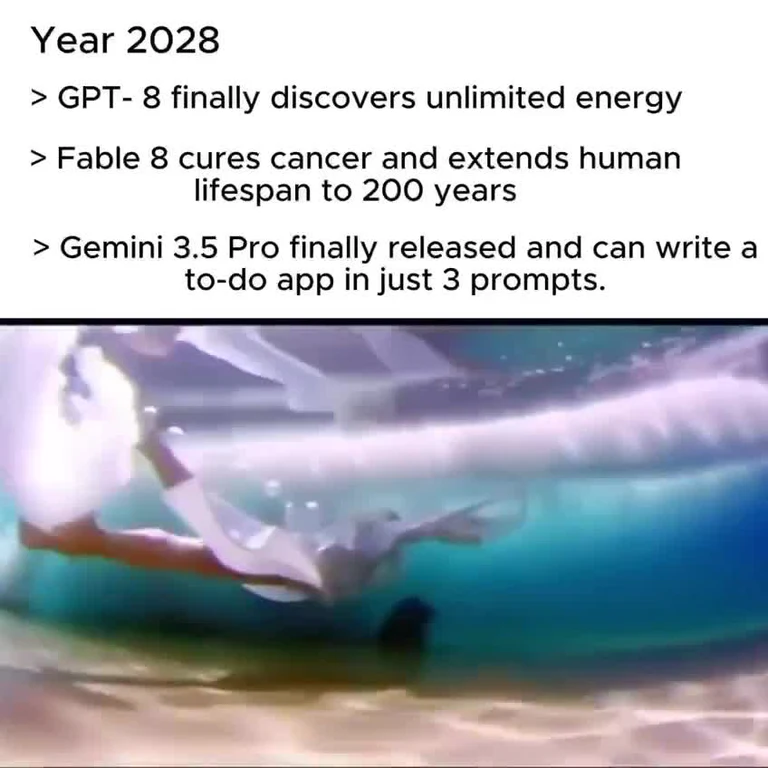 Meme with text reading 'Year 2028: GPT-8 finally discovers unlimited energy, Fable 8 cures cancer and extends human lifespan to 200 years, Gemini 3.5 Pro finally released and can write a to-do app in just 3 prompts' above an anime-style character reacting in awe.