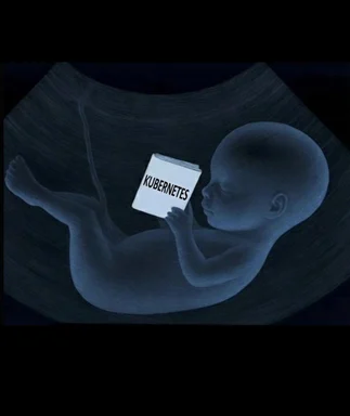 sonogram of a fetus holding a book titled Kubernetes