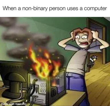 Cartoon man with hands on head standing next to a computer on fire