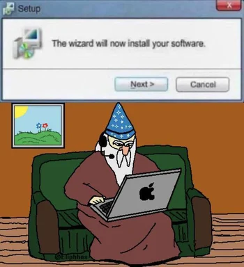 A cartoon wizard wearing a headset sits on a couch typing on a MacBook, with a Windows setup dialog box above him saying 'The wizard will now install your software.'