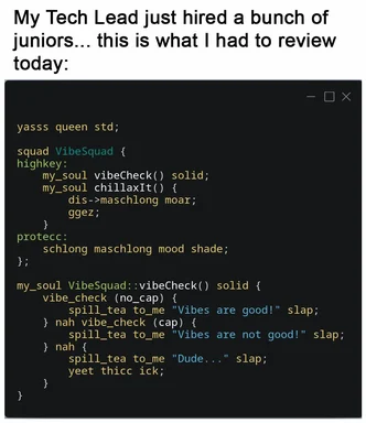 humorous code review meme with nonsensical function names and comments