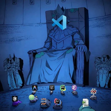 King sitting on a throne with various software icons bowing to him