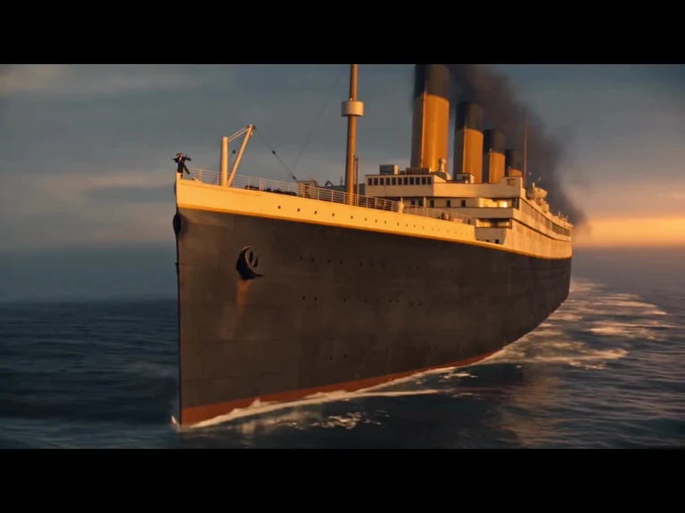 Ocean liner with four funnels sailing at sunset, a person standing at the bow with arms raised