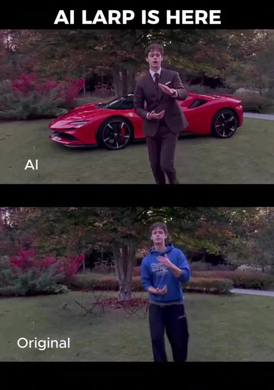 Split-screen comparison meme: top panel shows a young man in a suit beside a red sports car labeled 'AI', bottom panel shows