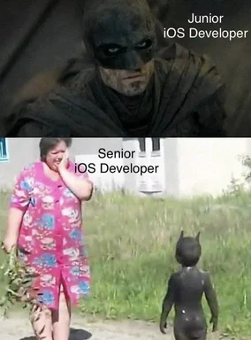 Batman meme comparing junior and senior iOS developers