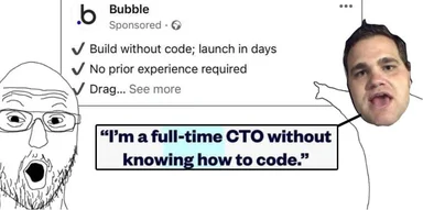 Distraught CTO meme with shocked face and 'I'm a full-time CTO without knowing how to code'