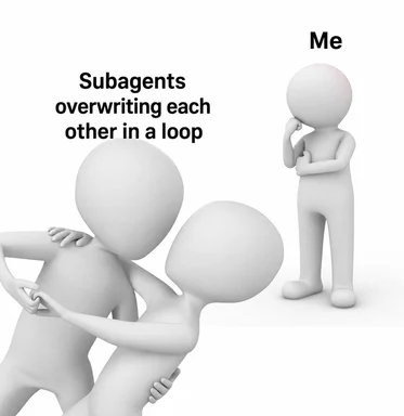 3D white characters meme where two figures are tangled in a loop labeled 'Subagents overwriting each other in a loop' and a third figure labeled 'Me' watches in confusion.