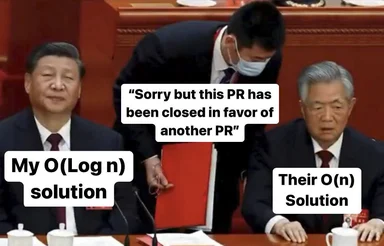 Political figures in suits labeled with O(Log n) and O(n) solutions, with text about a PR being closed in favor of another.