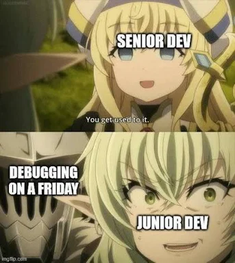 Meme of senior and junior developer reaction to debugging on a Friday