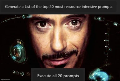 Elon Musk with a maniacal expression surrounded by futuristic controls, with text about executing resource-intensive prompts