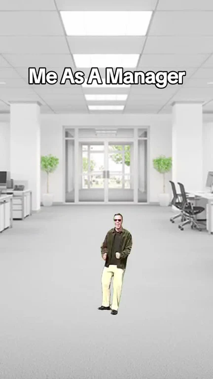 Cartoon man standing alone in an empty office with the text 'Me As A Manager'