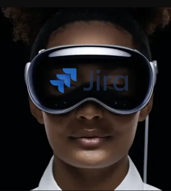 person wearing VR headset with Jira logo on lens