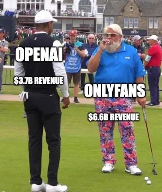 Golf meme: a formally dressed golfer labeled OPENAI $3.7B REVENUE faces an older golfer in floral pants labeled ONLYFANS