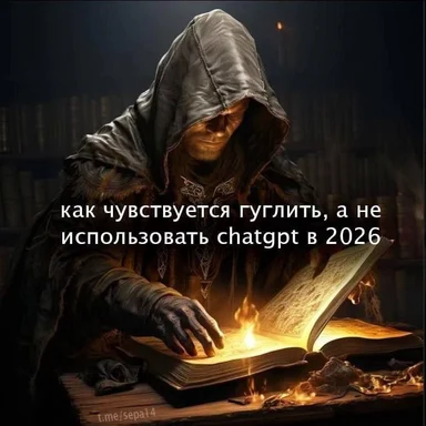 A hooded figure reading a burning book with the text 'как чувствуется гуглить, а не использовать chatgpt в 2026'