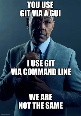 Man in a suit adjusting his tie with overlaid text: 'You use Git via a GUI, I use Git via command line, we are not the same'.