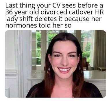 Smiling woman with caption about HR lady deleting CV