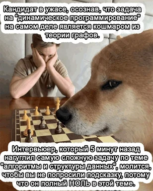 Мем с собакой и человеком за шахматной доской, реакция на сложную задачу по программированию