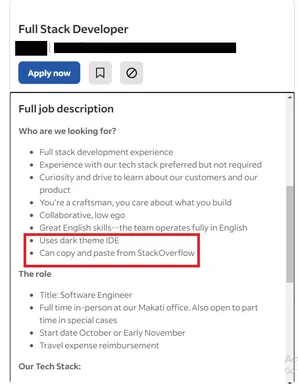 job listing with highlighted requirement to copy and paste from StackOverflow