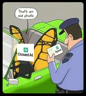 Cartoon police officer comparing OpenAI and Closed AI licenses with butterfly effect meme