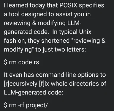 Dark terminal-style text meme joking that POSIX's tool for reviewing and modifying LLM-generated code is the rm command, shown as rm code.rs and rm -rf project/