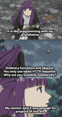 Anime character Fushihara from Frieren looking at a distant figure, captioned about programming with a grandfather and avoiding complexity.
