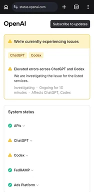 OpenAI status page showing a yellow warning that ChatGPT and Codex have elevated errors, captioned 'Coding is solved'