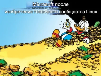 Scrooge McDuck swimming in gold coins with a shocked expression, with text about Microsoft and Linux