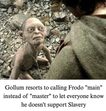 Gollum from Lord of the Rings with a concerned expression, addressing Frodo