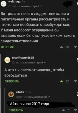 Screenshot of a Russian comment section discussing the IT market of 2017 with a humorous tone.