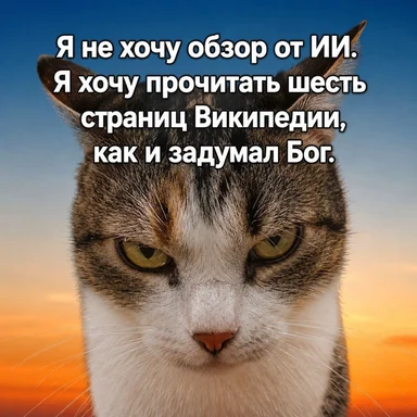 Серьёзный рыжий кот на закате с русским текстом: «Я не хочу обзор от ИИ, я хочу прочитать шесть страниц Википедии, как и задумал Бог»