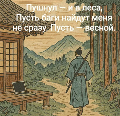 Самурай уходит в лес, бросив ноутбук на крыльце; подпись: пушнул код — пусть баги найдут меня весной