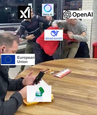 Logos of X, Meta AI, OpenAI and DeepSeek plus the European Union overlaid on a chaotic fight, while a man in the foreground