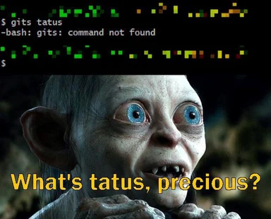 Gollum from Lord of the Rings with a confused expression and code error message
