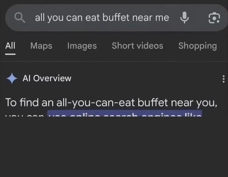 Google search for 'all you can eat buffet near me' with an AI Overview suggesting you use online search engines to find one