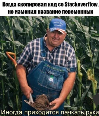 a man in overalls and a plaid shirt holds a handful of dirt in front of a cornfield