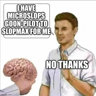Meme of man declining offer to pilot Microslops Goon to Slopmax