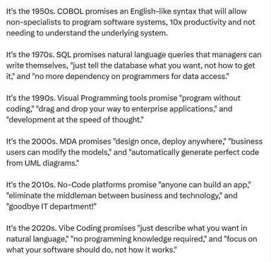 Text meme listing a decade-by-decade timeline from COBOL to Vibe Coding, each promising that non-programmers can build