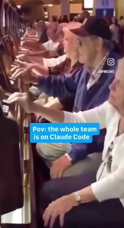 Elderly people sitting at slot machines with a caption about a team on Claude Code
