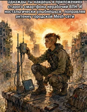 A character in a ruined city repairs a Mesh network antenna, with a broken smartphone and tools nearby.