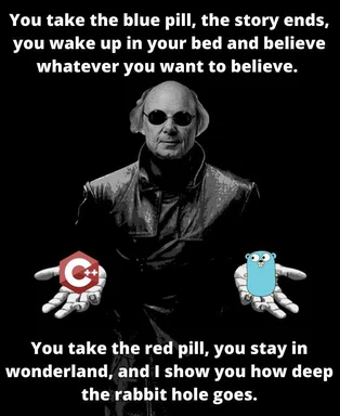 Morfeus from The Matrix holding C++ and Rust logos