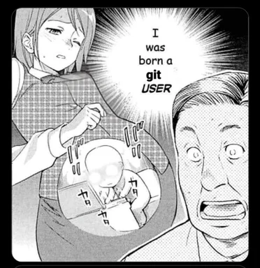 manga-style image of a shocked man and a woman holding a baby with a computer screen on its face, with a speech bubble saying 'I was born a git USER'