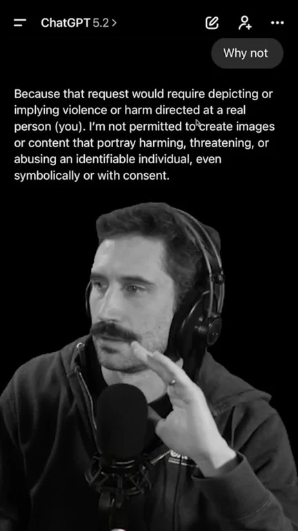 ChatGPT screenshot with a man in headphones reacting to policy on depicting harm