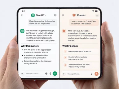 Two phones side by side showing ChatGPT and Claude each given the rumor that the other solved the P = NP problem, both responding with cautious skepticism and asking for verification