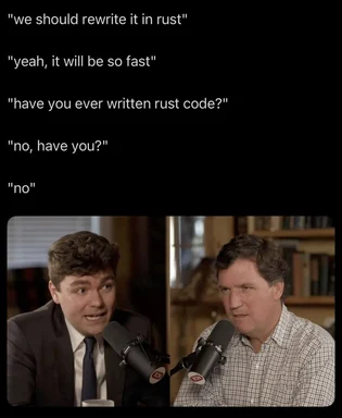 Two men in a podcast setting react to rewriting code in Rust