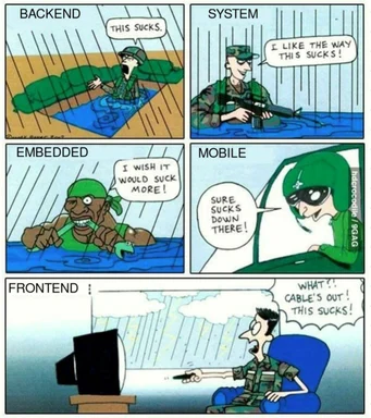 humorous comic strip about developer reactions to sucking situations