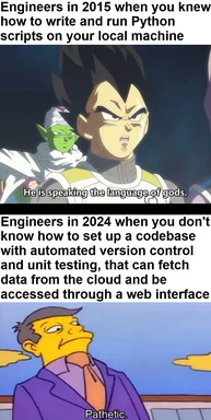 engineers in 2015 vs 2024 programming skills meme