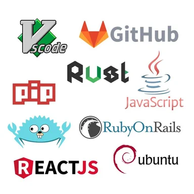 logos of vscode, github, rust, javascript, pip, ruby-on-rails, reactjs, ubuntu