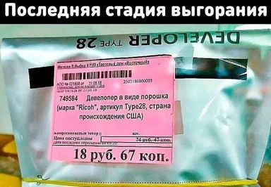 A bag labeled 'Developer Type 28' with a pink price tag reading '18 руб. 67 коп.'